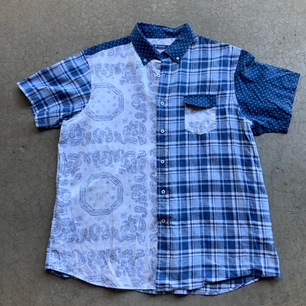 Blue and white paisley and plaid shirt